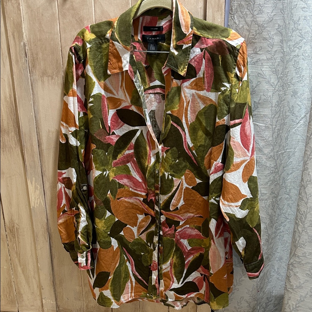 Tahari-Chartreuse and Multicolor Leaf Print Ladies 100 % Linen Shirts - Picture 2 of 12